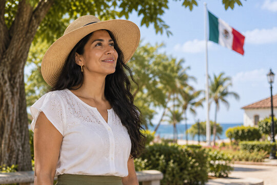 Hispanic woman looking up at the Mexican flag in a seaside plaza