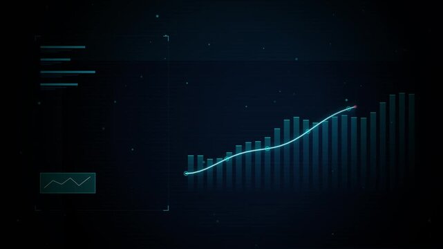 Digital financial growth chart animation: rising bar graph with hud interface for business analytics and data visualization