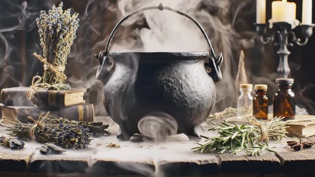 Smoking witchcraft cauldron brewing magical potion surrounded by dried herbs on wooden table