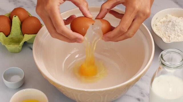 Woman's hands cracking an egg into a bowl surrounded by baking ingredients