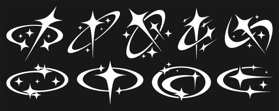 Y2K Sparkle Symbols Collection. Retro Futuristic Celestial Graphic Elements for Streetwear and Clothing. Urban Decorative Set for Posters, Stickers and Apparel Design. Vector Star Elements