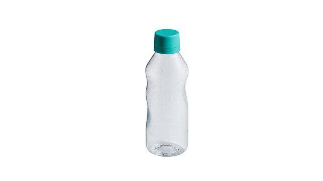 Isolated empty clear plastic water bottle with a vibrant teal cap, fresh and clean.