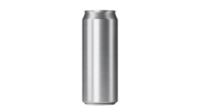 Isolated silver aluminum beverage can with brushed metal texture for cold refreshing drinks