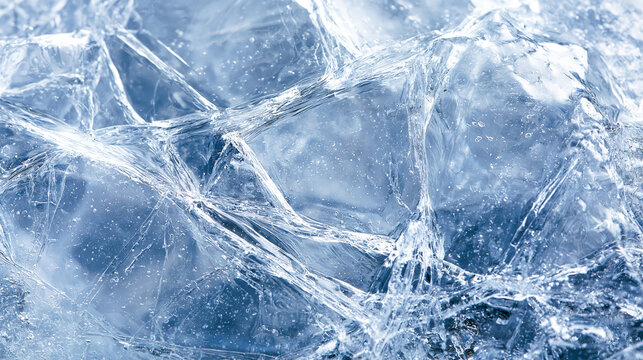 Macro texture of frozen ice surface with numerous detailed cracks and air bubbles. Abstract cold blue winter background with crystalized water structure in close up view.