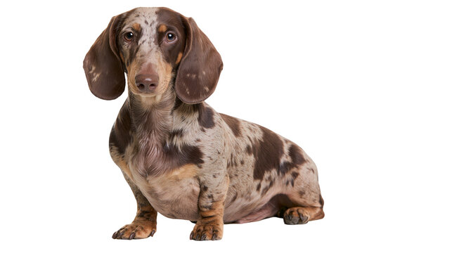Isolated dapple dachshund dog looking directly at camera, cute adorable animal portrait.