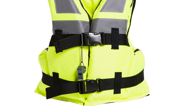 Isolated bright yellow life jacket with black straps and safety whistle for water sports