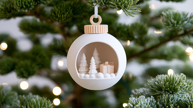 Minimalist white Christmas tree bauble ornament with a cute mini winter scene inside featuring tiny fir trees and a gift box hanging