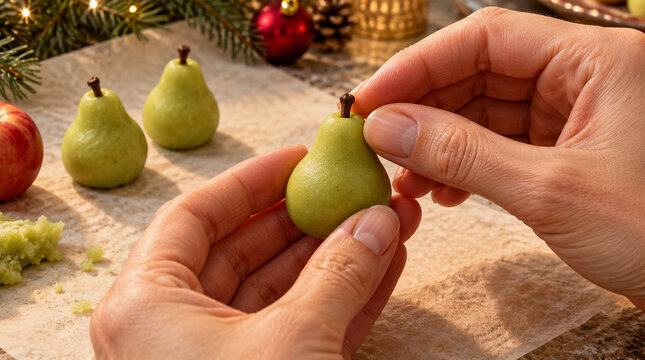 Manos modelando pera diminuta con mazap&aacute;n para Navidad