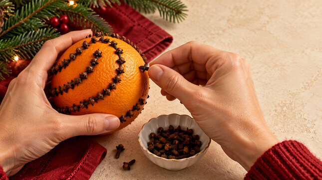 Manos insertando clavos arom&aacute;ticos en naranja para Navidad