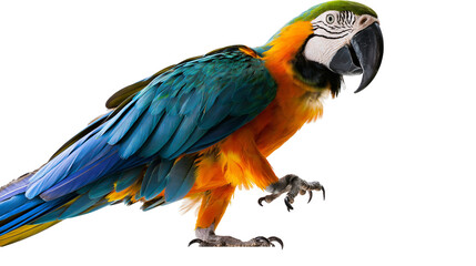 Isolated stunning blue and yellow macaw tropical parrot bird with colorful vibrant plumage. © Oisin