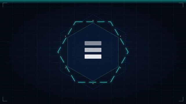 Digital interface with rotating hexagonal frame and menu icon on dark