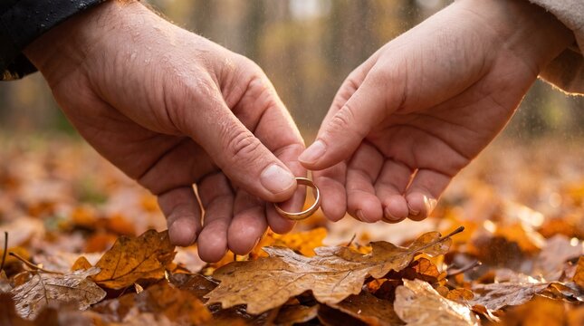 Hands exchanging wedding ring among autumn leaves  