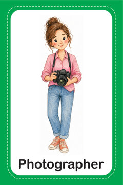 Photographer flashcard for kids, cartoon photographer holding a camera, English vocabulary learning card, jobs and professions for kids