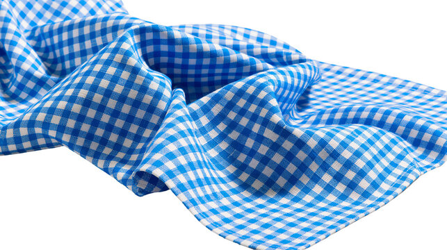 Isolated blue and white checkered textile with traditional gingham pattern, crumpled cloth texture