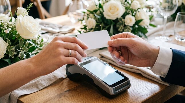 Couple making a contactless payment at a beautifully set table  