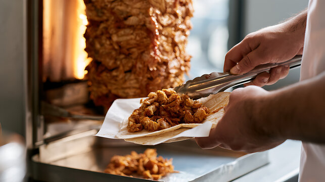 Chef slice chicken shawarma meat from vertical spit roast in restaurant kitchen with warm fire glow for delicious fast food meal concept