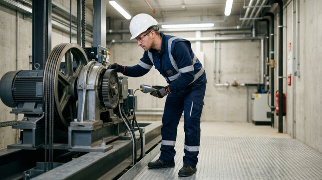 Professional technician inspecting industrial elevator motor and gears