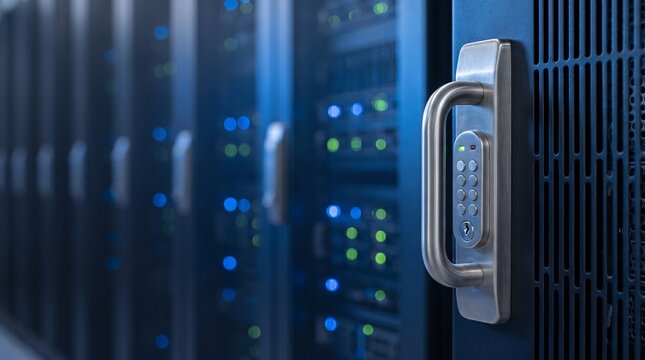 Data center server rack door with numeric keypad lock for physical cybersecurity and cloud computing storage in a modern high tech enterprise network infrastructure room background