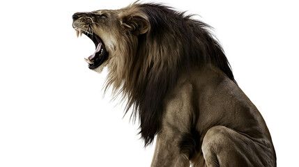 Isolated lion roaring with its mouth wide open showing teeth, a powerful wild predator. © Oisin