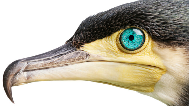 Isolated close-up profile of a wild cormorant's head featuring a striking turquoise eye