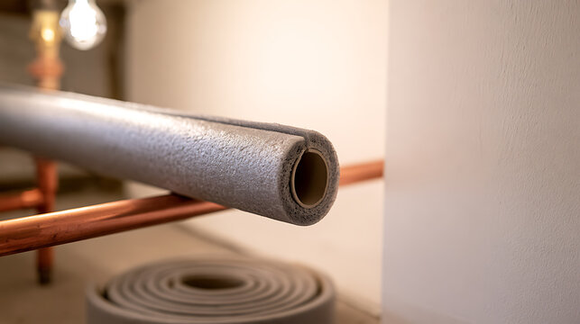 Foam insulation tube wrapped around copper pipe for energy efficiency and thermal protection in basement plumbing renovation work project