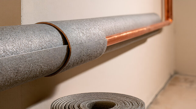Copper water pipe installation with gray foam insulation wrap during home improvement work inside residential building construction space interior