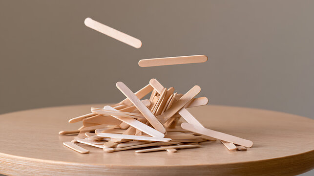 Wooden craft sticks fall onto a pile on a round wooden table in a brightly lit studio setting with neutral background, minimalist art