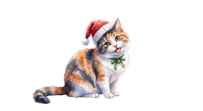 Cute watercolor calico cat wearing a red holiday hat and green bow, sticking out tongue, Valentine's or Christmas gift concept