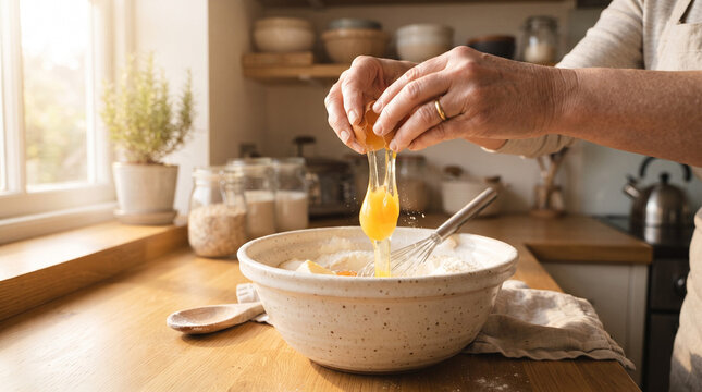 Close up of a person hands cracking a fresh egg into a ceramic mixing bowl for baking in a bright and cozy rustic kitchen setting