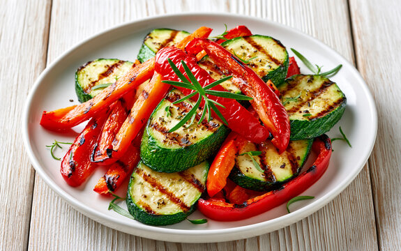 Top-down view of grilled bell peppers and zucchini slices on a white plate with herbs