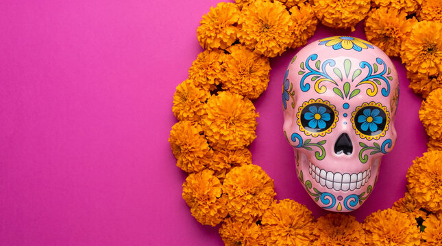 Pink sugar skull decorated with blue and green floral patterns surrounded by orange marigold flowers on a bright pink background with Day Dead November 2 Dia de los Muertos altar