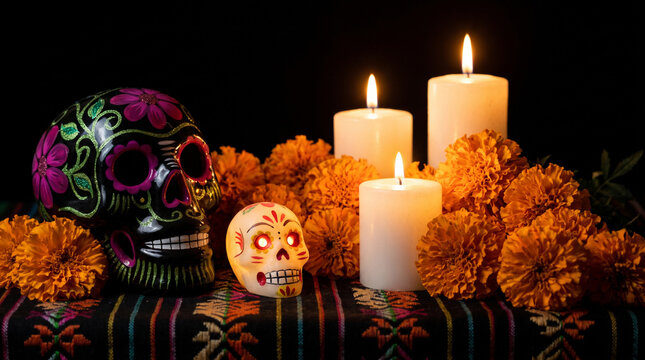 Decorative skulls and candles surrounded by marigold flowers on woven cloth for day of the dead celebration with Dia de los Muertos backdrop cultural remembrance sit among bright