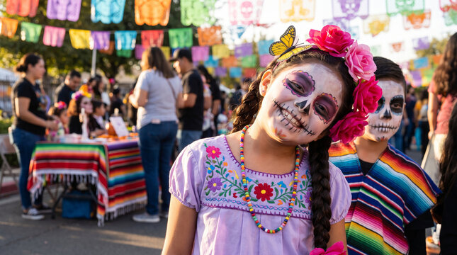Children with skeleton makeup and floral headpieces at day of the dead outdoor celebration with Dia de los Muertos festive outdoor gathering headpieces pose together November 1