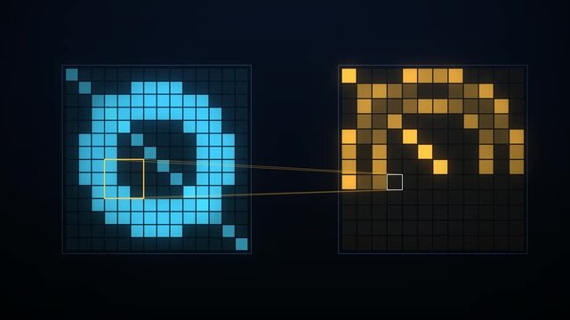 Pixelated digital animation sequence showing a blue circular icon transforming into an orange abstract shape on a dark grid background