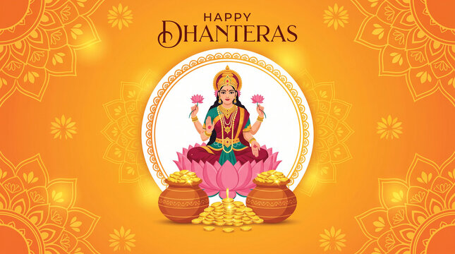 Happy Dhanteras illustration featuring Goddess Lakshmi sitting on a lotus, surrounded by golden pots and coins on an orange background for a traditional Indian festival greeting.