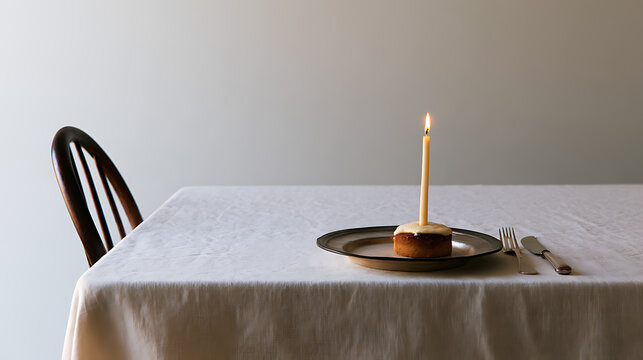 Minimalist dining table set with a single lit candle on a small cake and empty chair for quiet solitude and lonely celebration moment