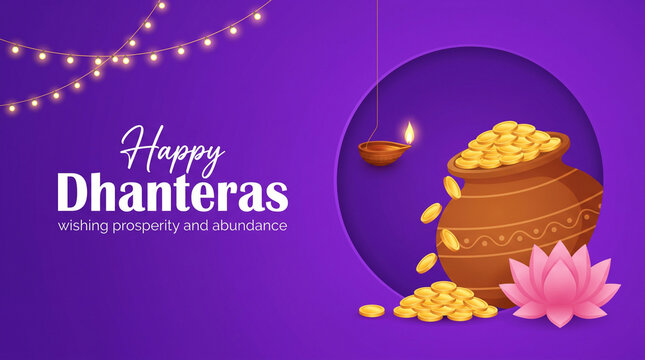 Happy Dhanteras greeting with a spilling pot of gold coins, a glowing diya, and a lotus flower on a vibrant purple background with fairy lights for festive abundance.