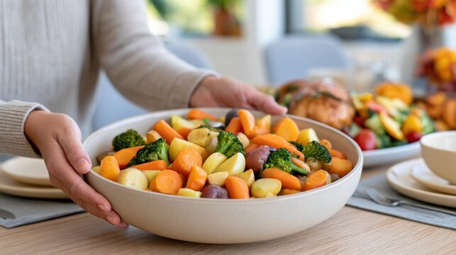 Person serving a bowl of roasted vegetables with carrots, potatoes, broccoli, and squash at a festive Thanksgiving meal, dining table setting