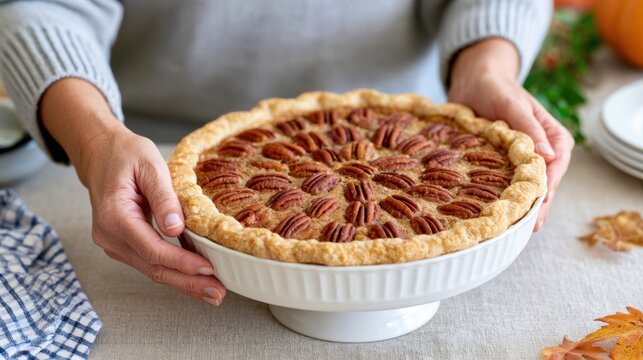 Person presenting a homemade pecan pie in a white ceramic dish with autumn leaves and seasonal produce on a dining table for Thanksgiving dessert