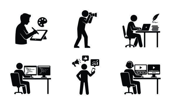Minimalist creative professions vector icons set. People working in digital media and design