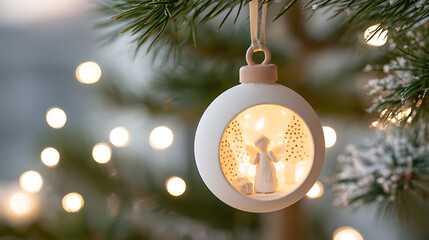 Fototapeta premium A white ceramic Christmas bauble ornament hang on a pine tree branch with a glowing angel figurine inside and bokeh lights in back