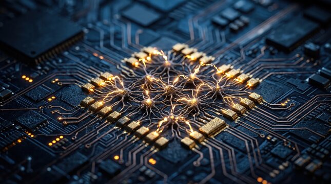 Microprocessor chip mounted on a motherboard with glowing gold circuits and complex data pathways.