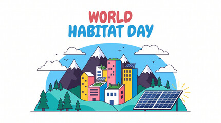 Fototapeta premium World habitat day illustration featuring colorful buildings with solar panels in a scenic mountainous landscape with cityscape surrounded mountains Sustainable Development Goals