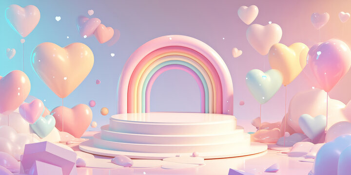 Colourful 3D style podium with rainbow arch and pastel heart shaped balloons. Perfect for birthday displays or cheerful product presentations