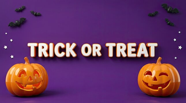 Halloween pumpkins and trick or treat text on a vibrant purple background