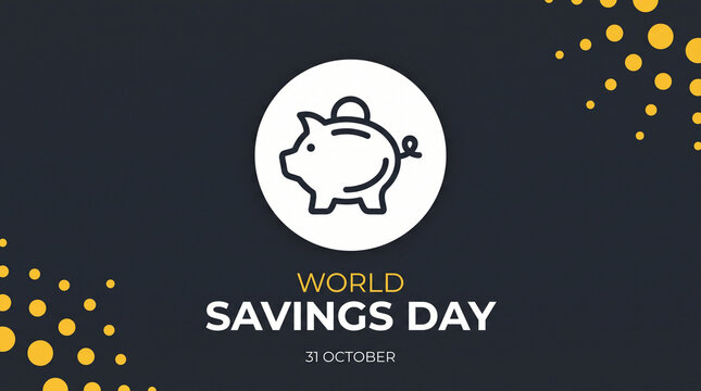 Modern graphic for World Savings Day featuring a minimalist piggy bank icon against a dark background with scattered yellow dots, marking October 31st.