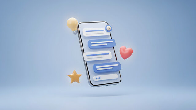 3d smartphone floating with blue chat bubbles, a glowing yellow light bulb, a red heart, and a golden star on blue background