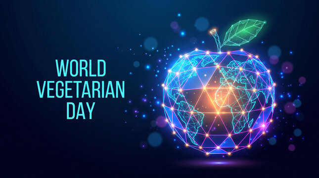 World vegetarian day digital art featuring a glowing low poly globe shaped like an apple with interconnected lines and nodes representing global health and technology.