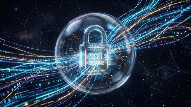 Cybersecurity padlock encased in a transparent glass sphere surrounded by glowing data streams moving across a digital network.