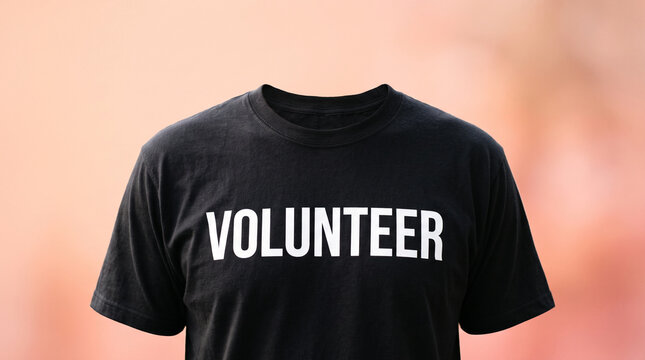 Black volunteer t-shirt worn by a mannequin against a soft peach background